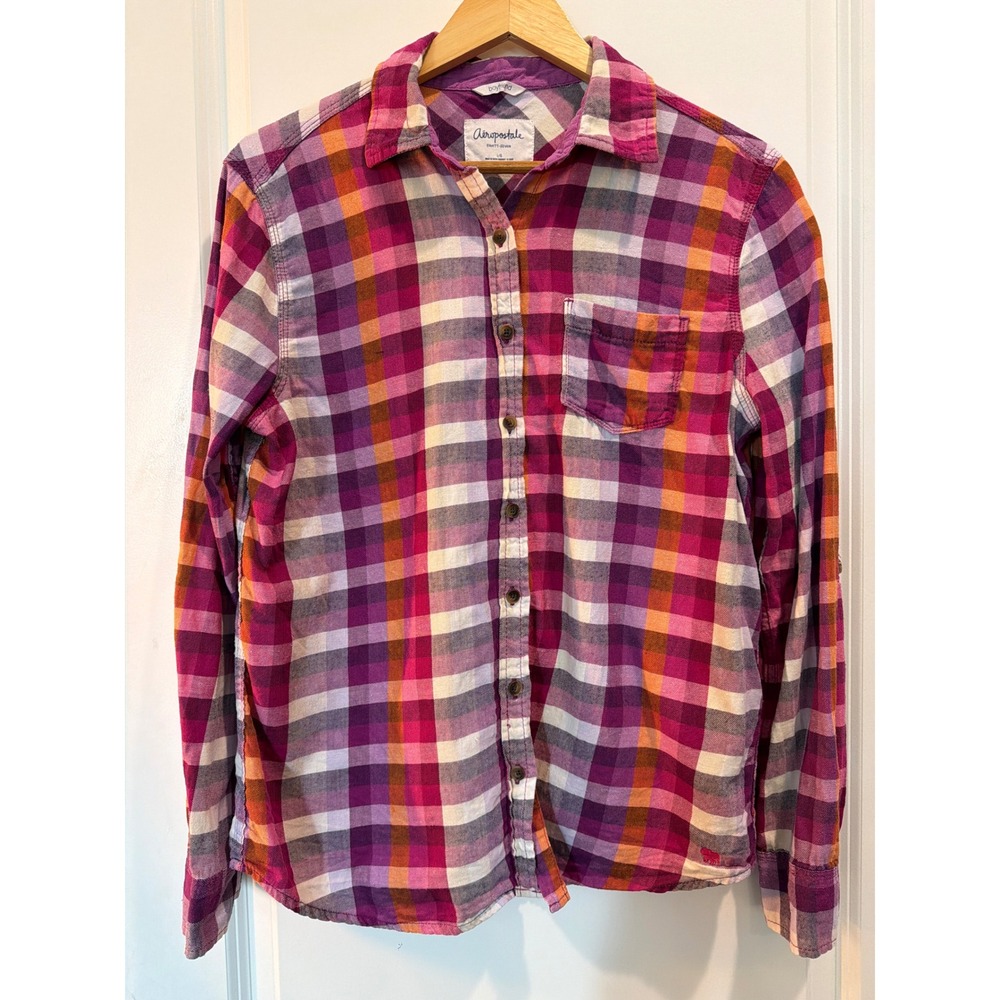 Aeropostale Womens Boyfriend Flannel Shirt Large Purple Orange Plaid Button Down